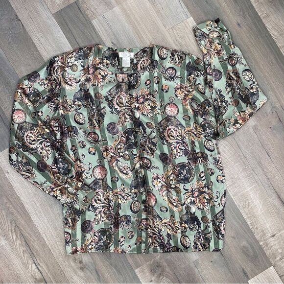 Sellecca Vintage Satin Printed Button Front Blouse Sage Green 10 - Picture 10 of 12